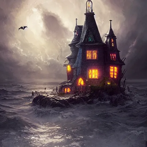 Image similar to realistic scary witches in front of a candy witch house, floating on the ocean, epic scene, fantasy, cinematic, hyper - detailed, in the style of greg rutkowski