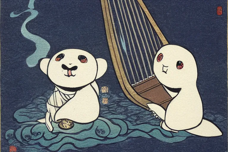 Prompt: baby harp seal as Yōkai, traditional Japanese painting