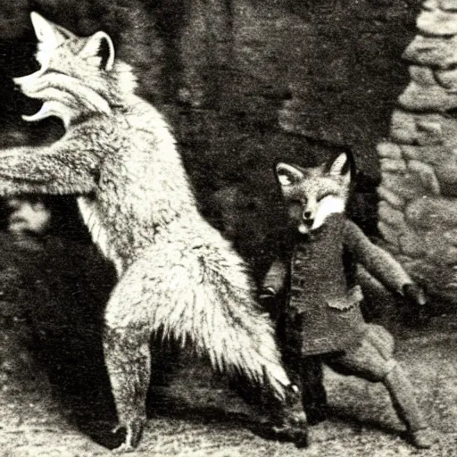 Image similar to anthropomorphic fox man fights in front of a castle, 1910s film scene