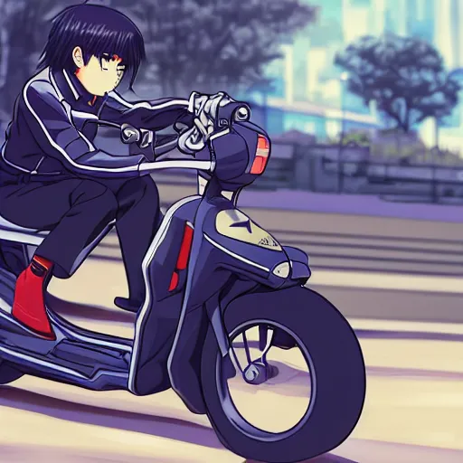 Image similar to close up of a high definition anime guy with dark blue hair and streetwear clothing riding a 1990 black honda c90 with armenia quindio in the background , Artwork by Makoto Shinkai, pixiv, 8k, official media, wallpaper, hd