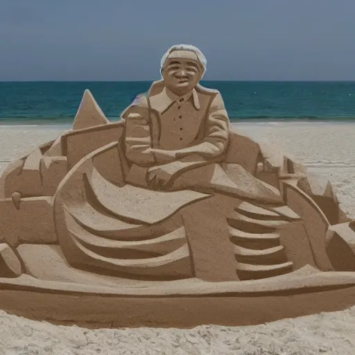 Prompt: a sand sculpture of north korea on the beach