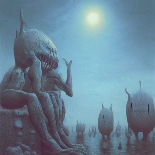 Image similar to a hyperrealistic brightly colored painting of a psychedelic alien nightmare, blue skies, by john kenn mortensen and zdzislaw beksinski, highly detailed, vivid color,