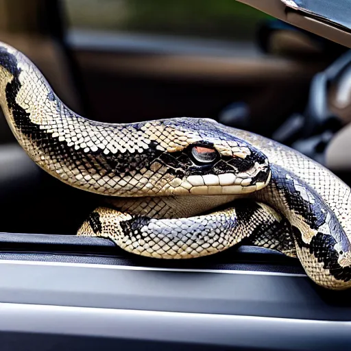 Prompt: a snake in a car, photo