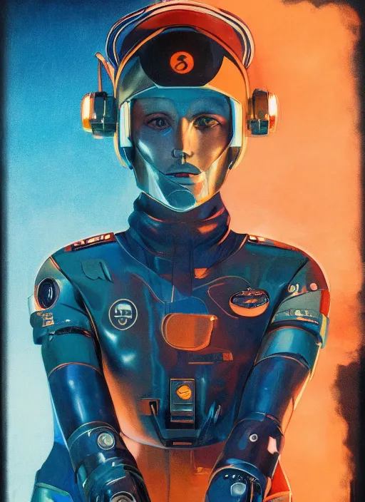 Prompt: symmetry!!! closeup portrait of a cyborg pilot girl in a cockpit, fashion racing jumpsuit with shiny shoulder pads, cinematic light, windy, teal orange, volumetric smoke, mist, by gerald brom, by mikhail vrubel, by peter elson, muted colors, extreme detail, trending on artstation, 8 k