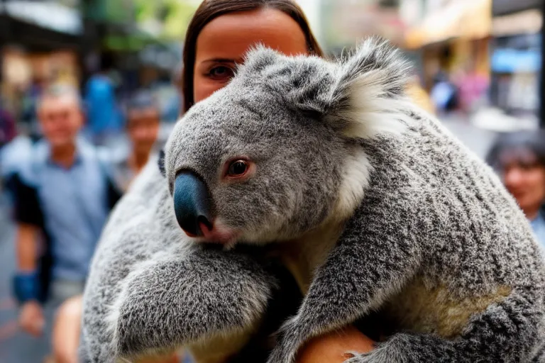 Image similar to closeup portrait of a woman carrying a koala over her head in a flood in Rundle Mall in Adelaide in South Australia, photograph, natural light, sharp, detailed face, magazine, press, photo, Steve McCurry, David Lazar, Canon, Nikon, focus