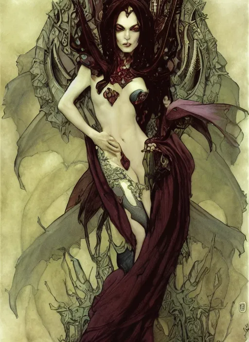 Image similar to drawing of a beautiful vampire woman, armor plates, by marc simonetti and brian froud and mike mignola and alfons maria mucha and peter mohrbacher, hyperdetailed