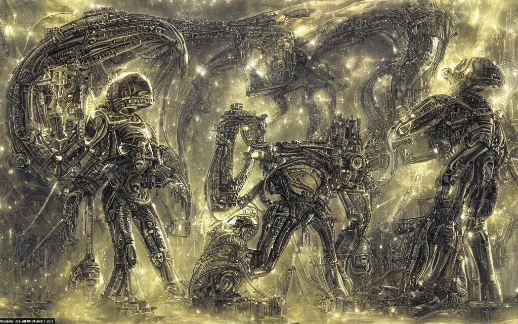 Prompt: complex alien technology that can create a hologram, used to create an image of something that is not there by john blanche and ronald balfour