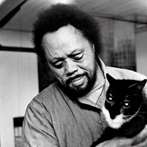 Prompt: charles mingus lovingly holding a terrifying evil cat from hell, professional, detailed