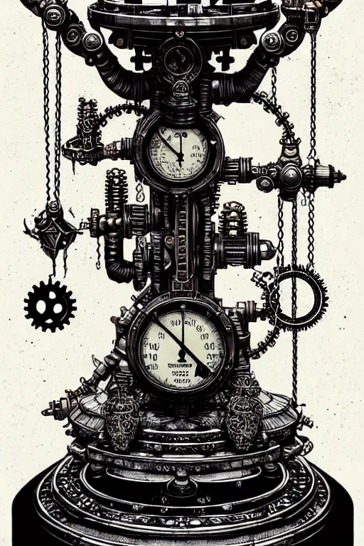 Image similar to a steampunk alchemists ancient balance scale, furniture, high details, bold line art, by vincent di fate and joe fenton, inking, etching, screen print, masterpiece, trending on artstation, sharp, high contrast, hyper - detailed,, hd, 4 k, 8 k