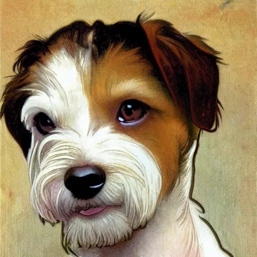 Prompt: a high quality painting of a very cute scruffy wire haired jack russell terrier puppy, white with chocolate brown spots, brown patches over both eyes. friendly, curious expression. painting by alphonse mucha