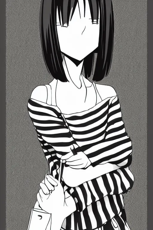 Prompt: portrait of a girl in long pants and a striped top, hands in pockets, eyes closed, bob haircut, digital art, black and white, lineart by kaoru mori