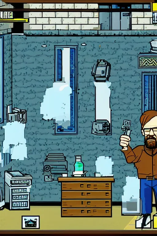 Prompt: a cutscene from the breaking bad video game game developed for the philips cd - i by philips interactive media, portrait of walter white, screenshot detailed