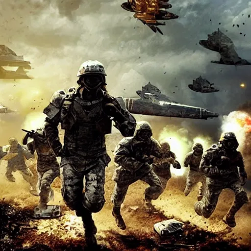 Image similar to hyper realism, realistic apocalyptic war scene, explosions, science - fiction soldiers running with armour in the middle of explosions and bullets,