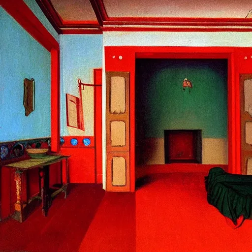 Prompt: a red-opium den in the ornate indian village by Raphael, Hopper, and Rene Magritte. detailed, romantic, enchanting, trending on artstation.