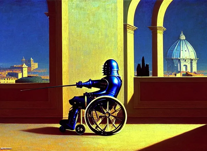 Prompt: knight in armor in a wheelchair do tricks & watch old tv, rome, highly detailed, soft lighting, elegant, by edward hopper and james gillard, zdislaw beksinski, stephen outram, andreas m wiese, carl spitzweg, highly detailed, masterpiece, unreal 6, 8 k