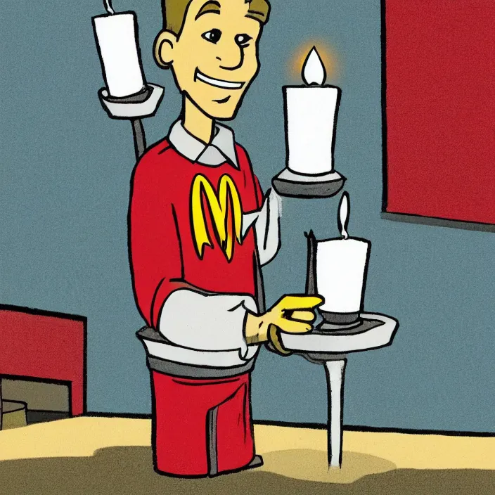 Image similar to a cartoon of a mcdonald's employee holding a candle