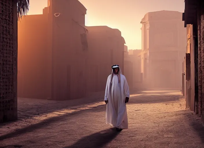 Image similar to old jeddah city alley, roshan, old shops, horse, magical glowing sand gateway to another dimension, a man wearing a white robe standing watching over, fantasy, dramatic lighting, dawn, by caspar david friedrich, unreal engine 5