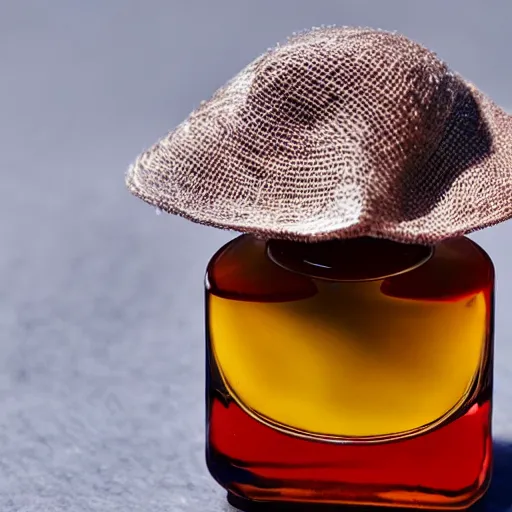 Image similar to a single plum, floating in perfume, served in a mans hat