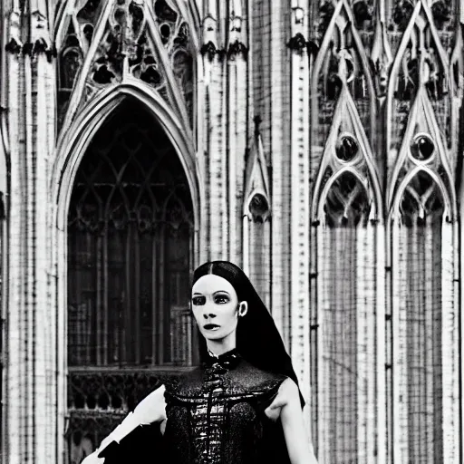 Image similar to black and white movie shot, landcape, architectural shot, no decaying lines, background of an alabaster gothic cathedral, with long ephimeral windows with reflection of flames, as subject a gothic woman with an intricate arabesque detailed black dressed, macro head face