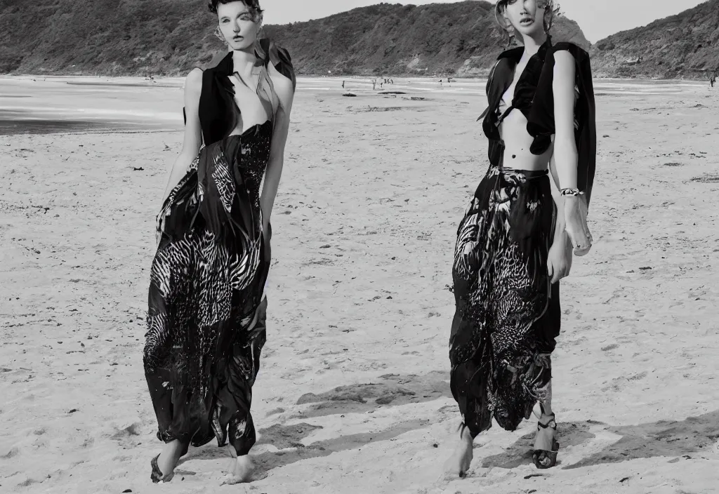 Prompt: fashion editorial in front of tsunami, on the beach.