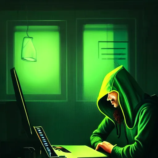 Image similar to portrait of a programmer with green hood by greg rutkowski, neon light