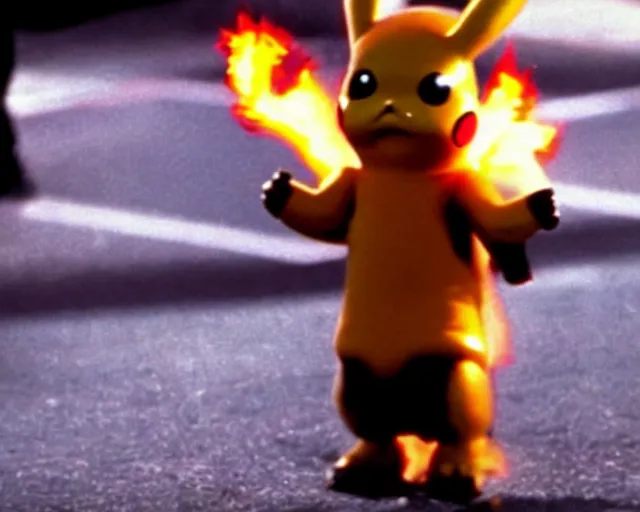 Image similar to Terminator pikachu on fire, scene from the 1980s film, still form the fiml