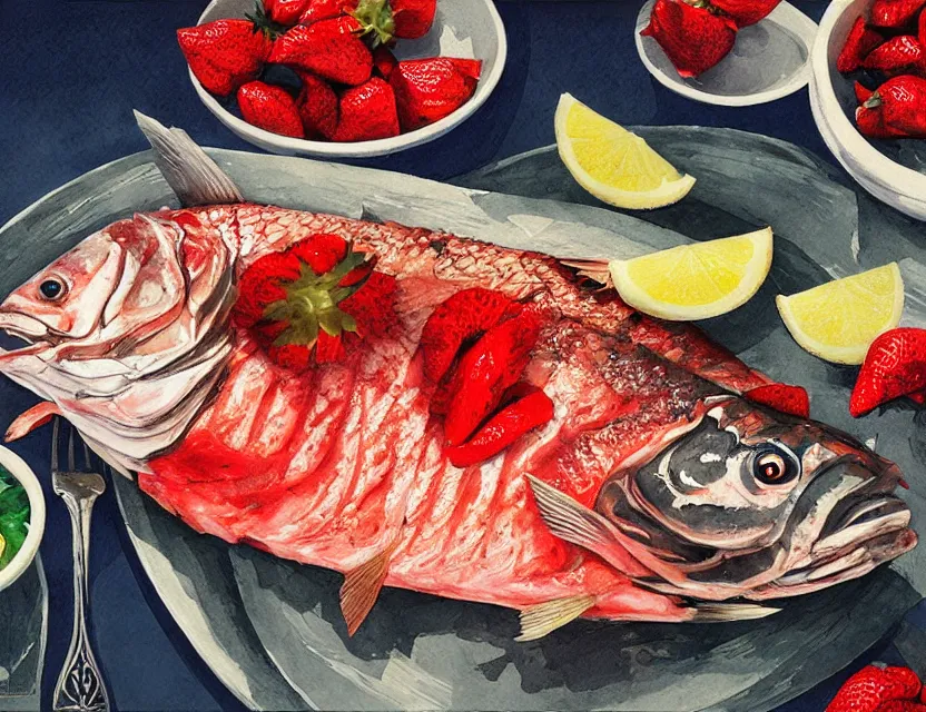 Image similar to a grilled whole fish served with strawberries and whipped cream. this gouache painting by the award - winning mangaka has a beautiful composition, great sense of depth, dramatic lighting and intricate details.