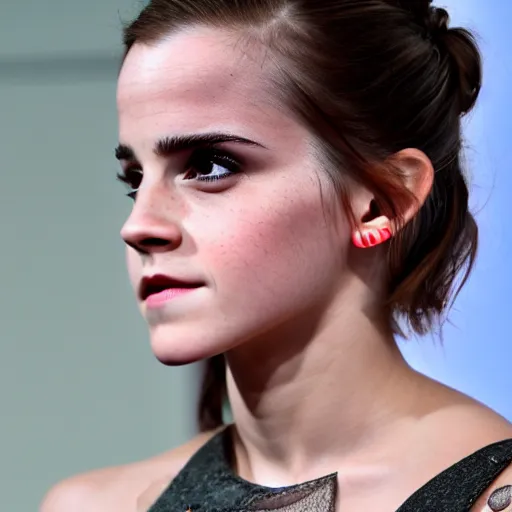 Image similar to A photo of tough looking emma watson. she has rings on his fingers. 50 mm.