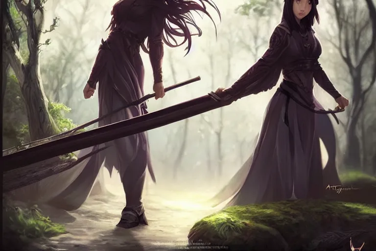 Prompt: beautiful cinematic fantasy poster, asian woman side view using a bokken in forest ; by artgerm ; wayne n reynolds art station ; cinematic quality character render ; high quality ac - h 9 6 0