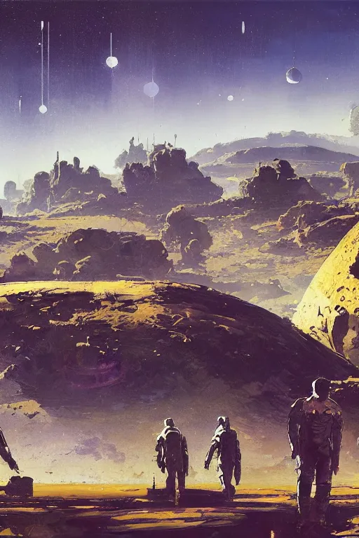 Image similar to 5 0 s pulp scifi illustration, space explorers in beautiful landscape, plain stretching into distance, pond, baobab trees, distant mountains, painted by bergey, craig mullins, john berkey, ruan jia, raymond swanland, jeremy mann, beksinski, jack kirby, tom lovell, alex malveda, schomburg