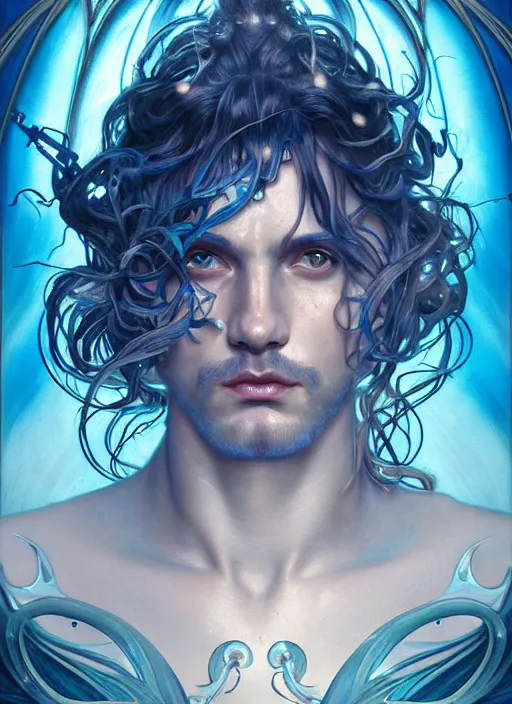 Prompt: the god poseidon, water hair, glowing eyes, volumetric lights, blue and cyan scheme, art nouveau botanicals, gothic, intricate, highly detailed, digital painting, artstation, concept art, smooth, sharp focus, symmetric face, illustration, art by artgerm and greg rutkowski and alphonse mucha