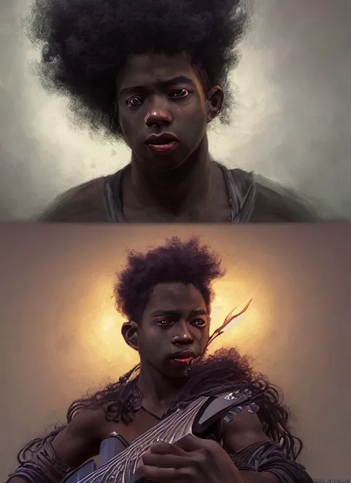 Image similar to fantasy changeling black kid with long curly hair playing electric guitar, two half's between, dim light, front game card, marvel comics, dark, intricate, highly detailed, smooth, artstation, digital illustration by ruan jia and mandy jurgens and artgerm and wayne barlowe and greg rutkowski and zdislav beksinski