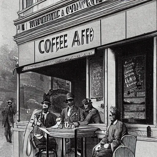 Prompt: A coffee shop, very detailed, 1900 illustration artwork