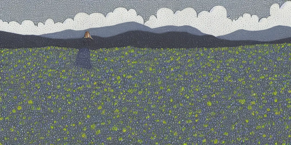 Image similar to large and flowing and panoramic. details are filled in with dots. a woman stands happily in a blue field. in the distance a mountainous forest can be seen. a gray sky with dark blue swirls seems to surround the field.