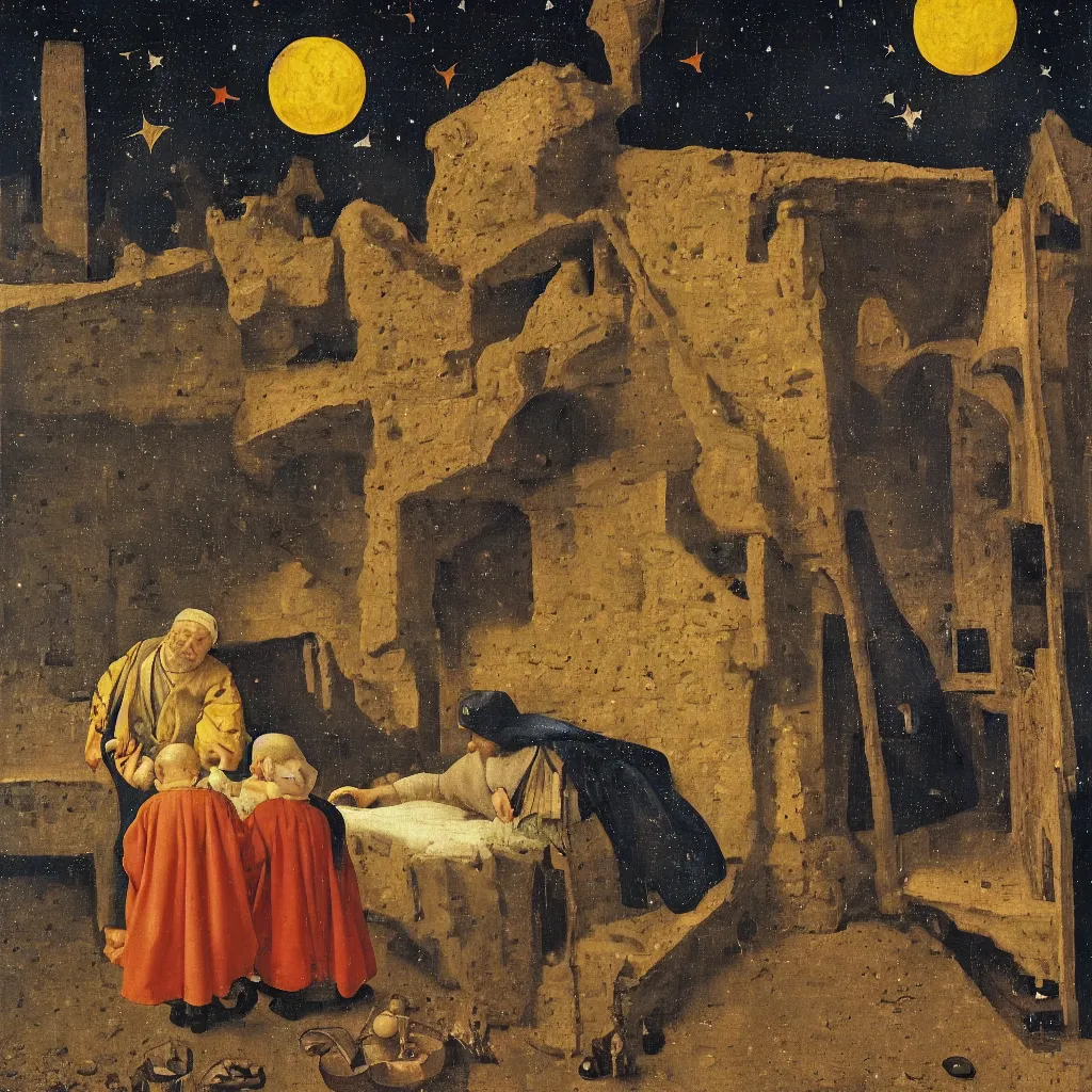 Prompt: The old teacher shows the two boys the constellations on the roof, the moon in the starry sky, medieval painting by Jan van Eyck, Johannes Vermeer, Florence