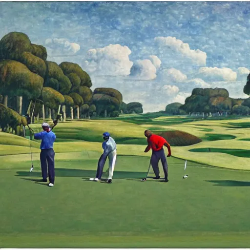 Image similar to Three golfers on a beautiful golf course driving range, by Diego Rivera