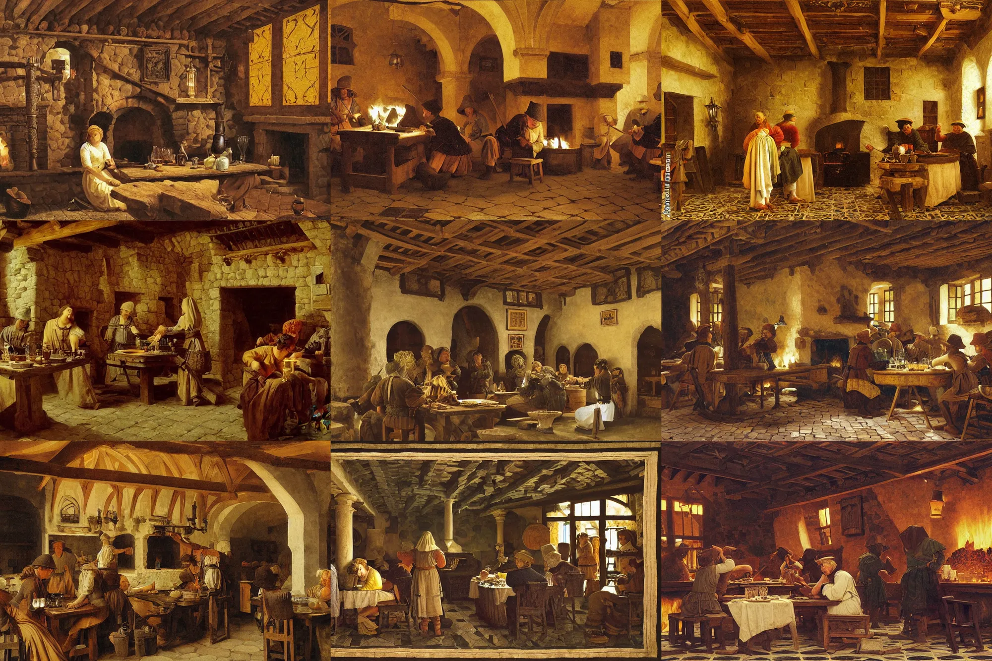 Prompt: painting of an old dark medieval tavern, by ludwig deutsch and maxfield parrish, patterned tilework, warm fireplace, contrast, extremely detailed, cinematic lighting, smooth sharp focus