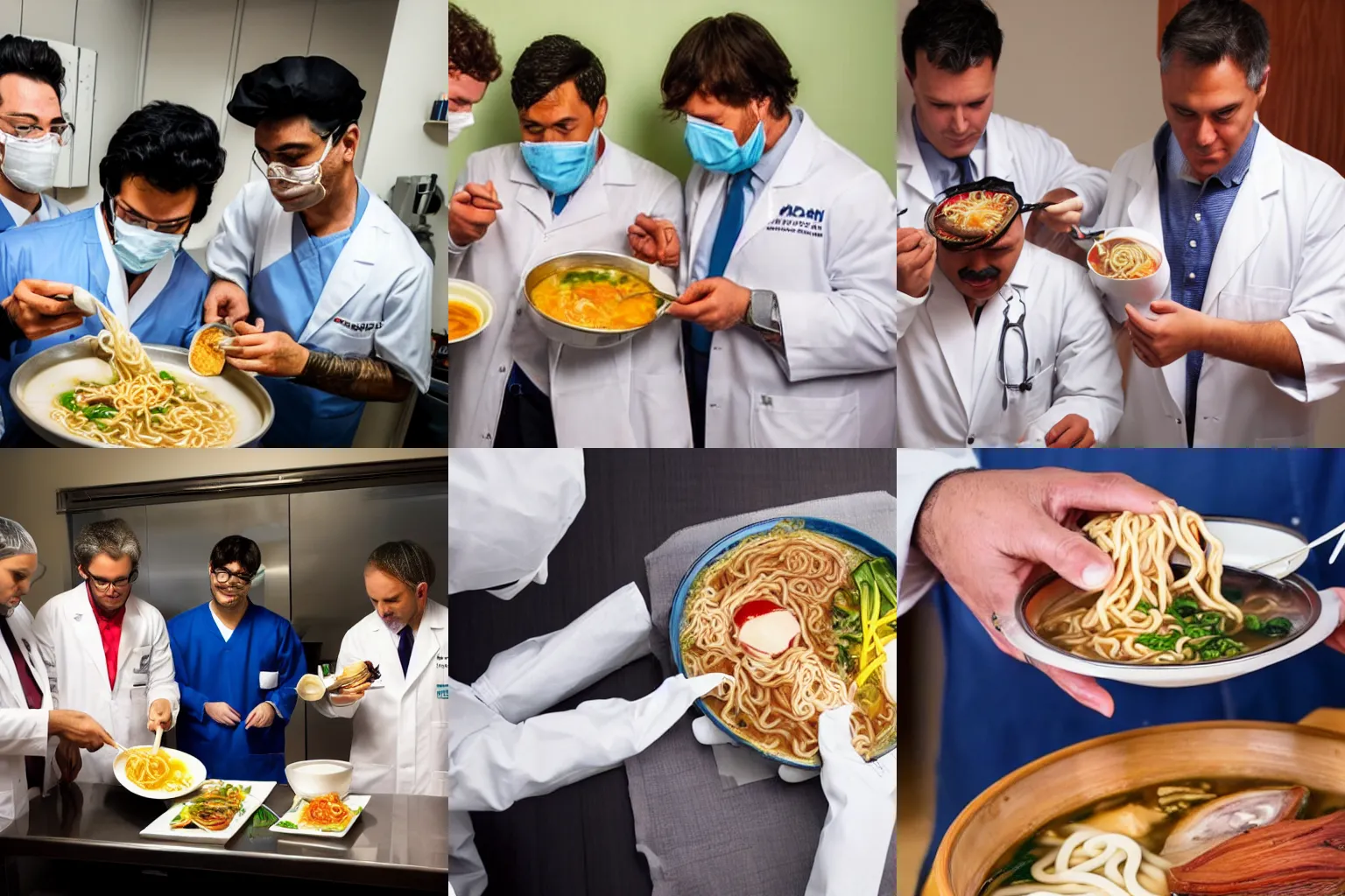 Prompt: Photo of neurosurgeons putting ramen inside a man's head as a joke