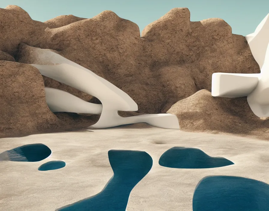 Prompt: desert, white, transitions between flying rocks, minimalist architecture, stone grotto in the center, portal. zaha hadid, oscar niemeyer, architectural rendering. trending on artstation. vogue magazine. halo. octane rendering, cinematic, hyperrealism, bokeh. iridescent accents. teal gold and blue color scheme