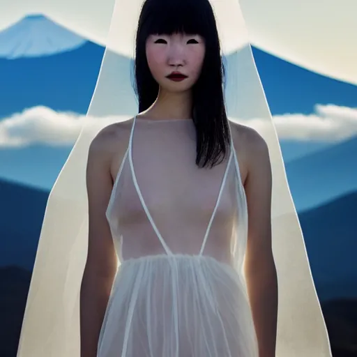 Image similar to a instax photo of fuji mountain, a tall japanese girl in a transparent sheer fabric dress against the background of fuji mountain, severe snow, full body shot, perfect symmetrical body, perfect symmetrical face, coherent symmetrical eyes, by peter kemp, by monia merlo, hyperrealistic, hyperdetailed, octane render, 8 k