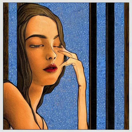 Image similar to A collage of a beautiful young woman seated at a window, looking out at the viewer with a serene expression on her face. The light from the window illuminates her features & creates a warm, inviting atmosphere. The essence of beauty and tranquility. cerulean by Tony DiTerlizzi opulent, experimental