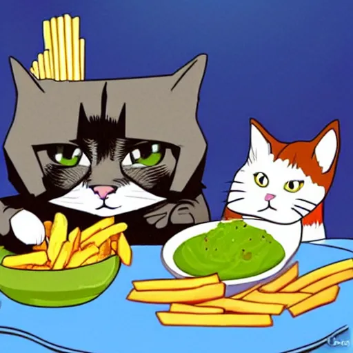 Prompt: elvis and a cat eating guacamole and fries, cartoon, high quality, detailed