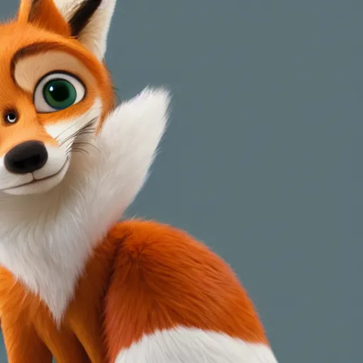 Prompt: upper half portrait of a anthropomorphic female fox with short white fur covering her body in the style of zootopia, top down view