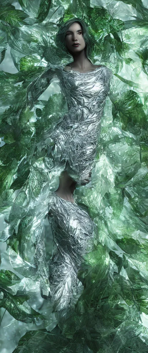 Image similar to a highly detailed digital image of a silver covered elegantly posed futuristic woman beautifully cocooned in green leafy foliage like leaves shot, full body shot, by Andrew Chiampo, artstation, and Frederik Heyman, extremely detailed woman, stunning volumetric lighting, hyper realism, fantasy 4k