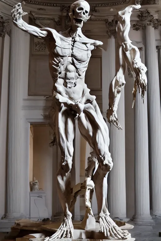 Image similar to epic and dramatic view of a statue depicting a man sculpting himself showing half of his body as a skeleton made in tannish polished marble, realistic and ultra detailed by bernini, 8 k