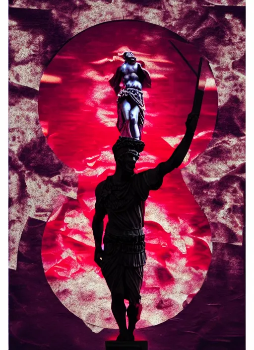 Image similar to black background with subtle red and purple design elements, statue of julius caesar, nekro, modern design, collage art, thin lines, dark, glitch art, neo vaporwave, gritty, layout frame, trending on artstation