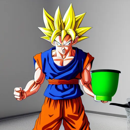 Image similar to goku from dragonball emptying a septic tank, 3 d render, realistic