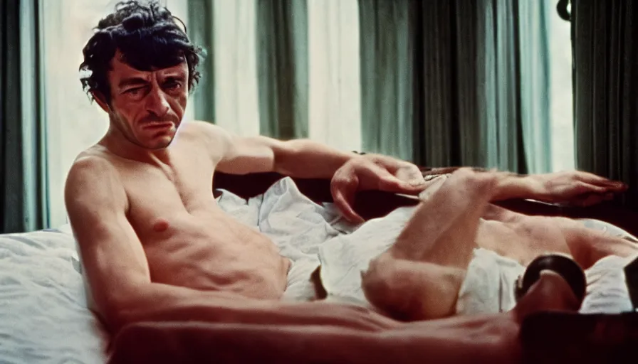Prompt: 1 9 6 0 s movie still of jean - paul marat, cinestill 8 0 0 t 3 5 mm, high quality, heavy grain, high detail, panoramic, cinematic composition, dramatic light, ultra wide lens, anamorphic