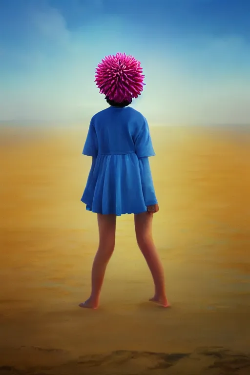 Image similar to closeup giant dahlia flower head, girl standing on beach, surreal photography, blue sky, sunrise, dramatic light, impressionist painting, digital painting, artstation, simon stalenhag