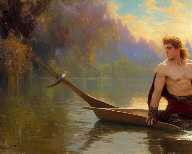 Image similar to attractive male wizard casting powerful water spell in a beautiful lake. highly detailed painting by gaston bussiere, craig mullins, j. c. leyendecker 8 k